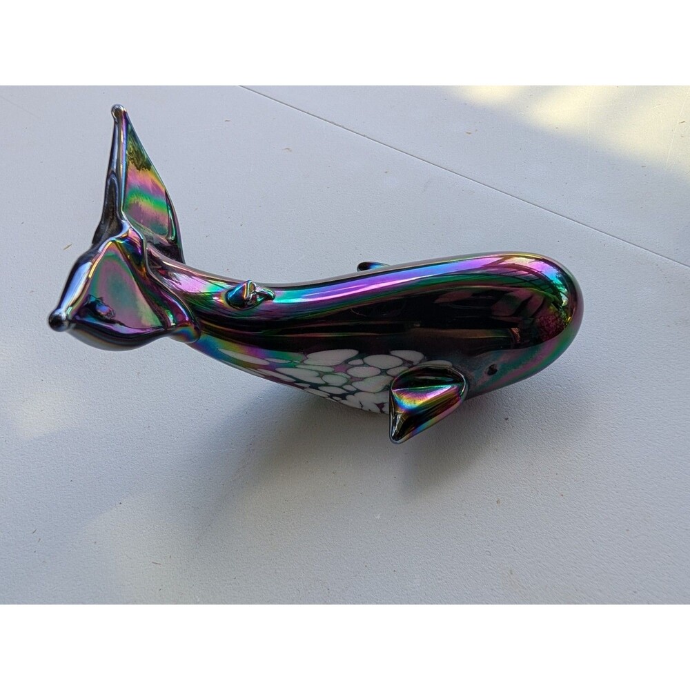 Pele's Glass Hawaii Iridescent Rainbow Whale Art Glass Figurine Paperweight